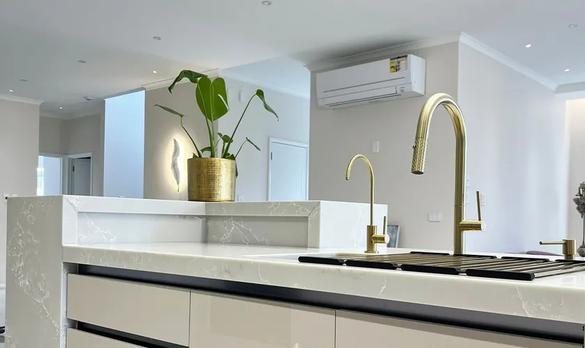 Island drawers gold tap